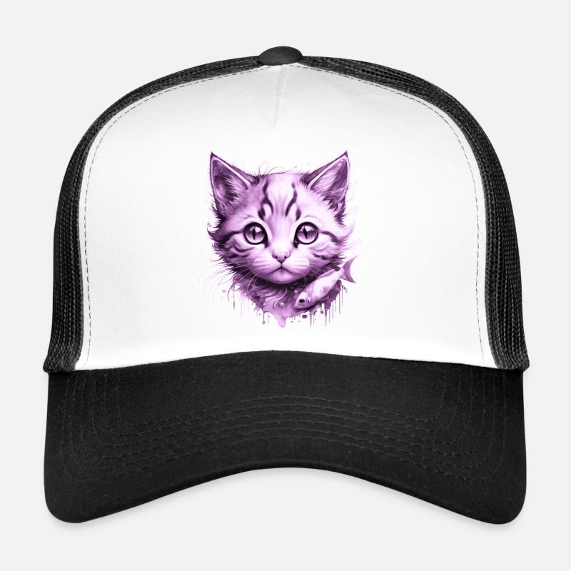 Chaton Violet avec poisson - Casquette trucker  - blanc/noir