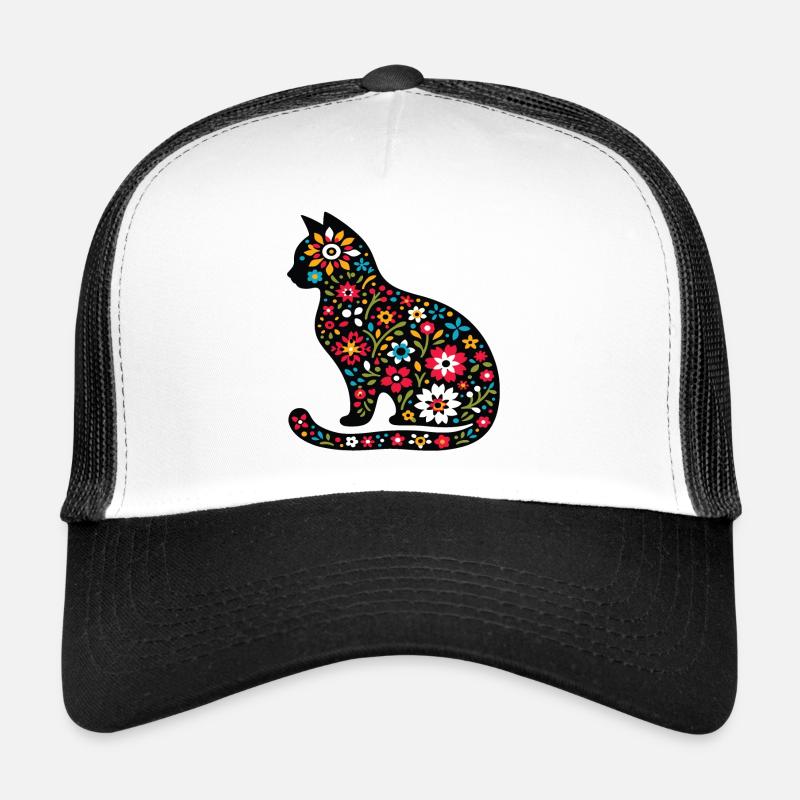 Silhouette de chat avec des fleurs Casquette trucker 