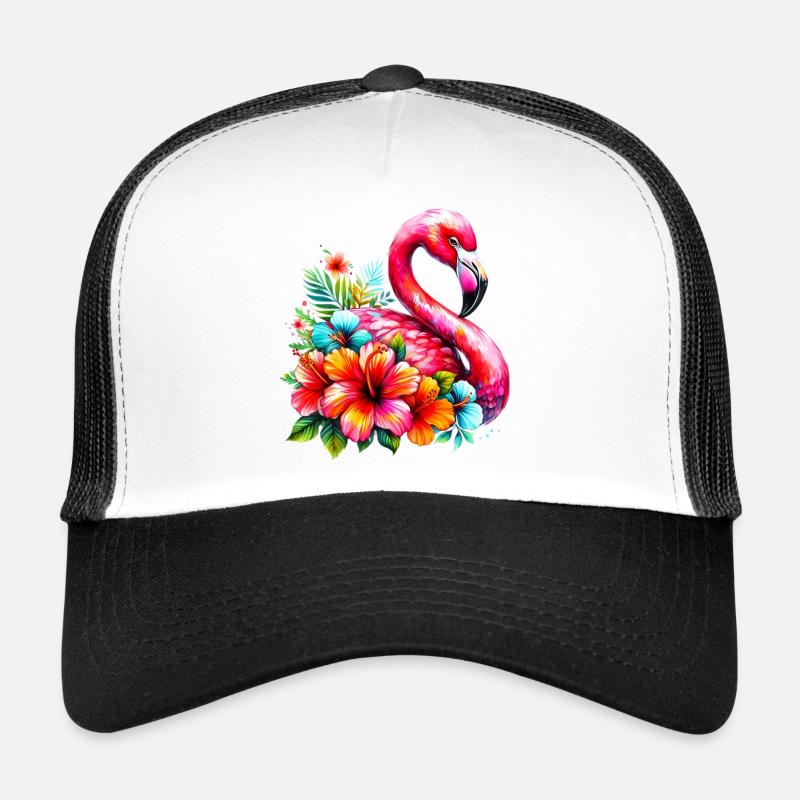 Flamant rose décoré de fleurs d’hibiscus Casquette trucker 