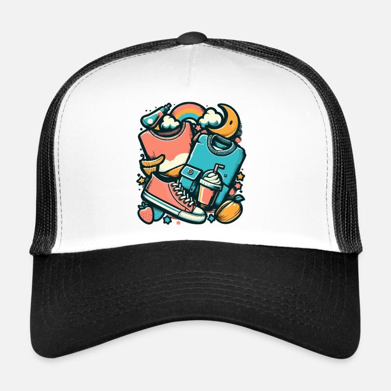 Bunte Collage mit Kleidung und Alltagsgegenständen Trucker Cap