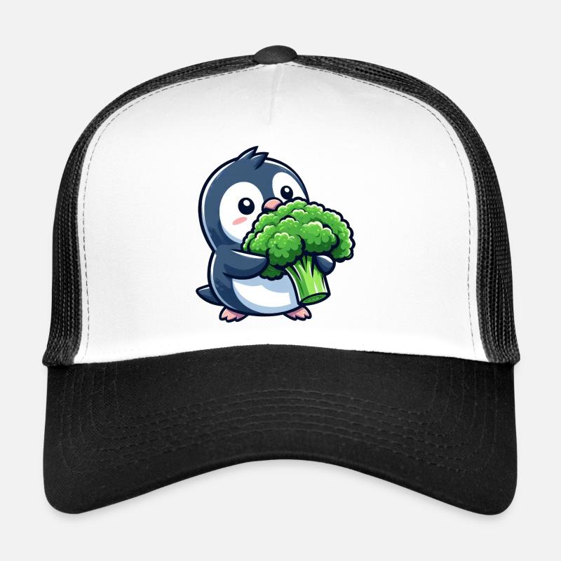 Lustiger Pinguin mit Brokkoli Gemüse Vegan Comic - Trucker Cap - Weiß/Schwarz