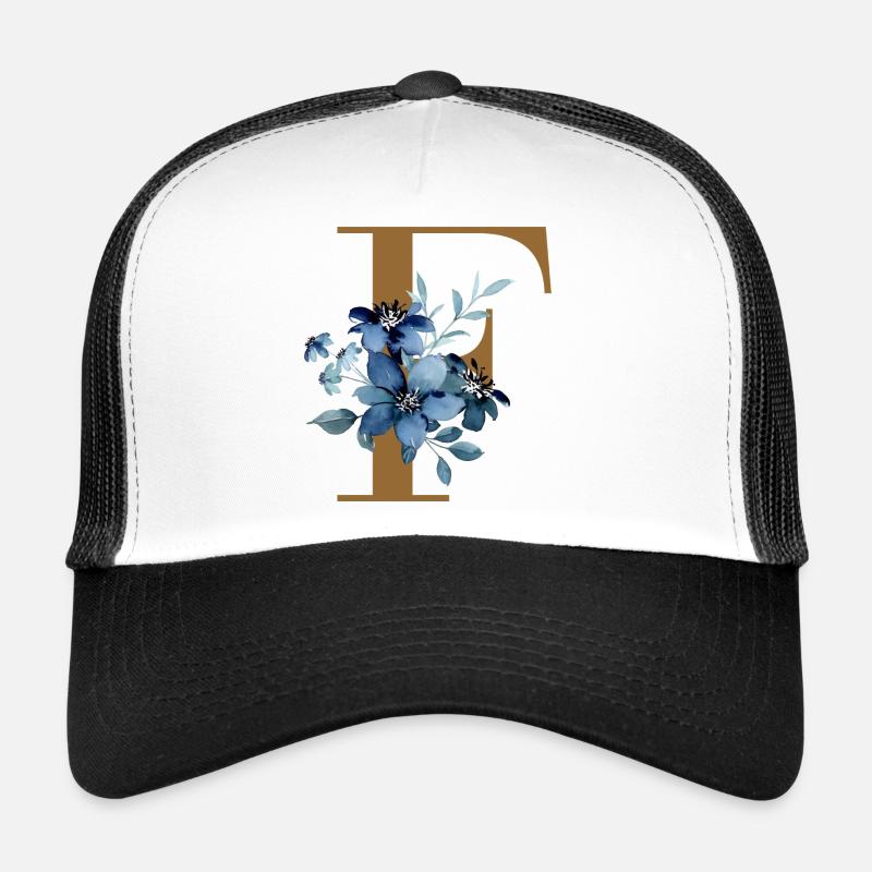 F floral – Lettre dorée avec des fleurs - Casquette trucker  - blanc/noir
