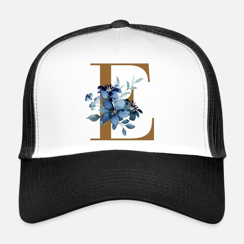 E floral – Lettre dorée avec des fleurs - Casquette trucker  - blanc/noir