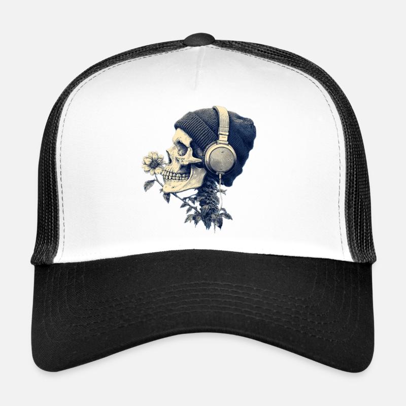 Schädel mit Kopfhörer und Blumen - Trucker Cap - Weiß/Schwarz