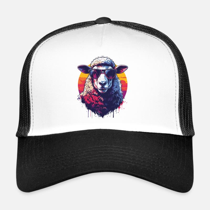 Cooles Retro-Schaf mit Brille - Trucker Cap - Weiß/Schwarz