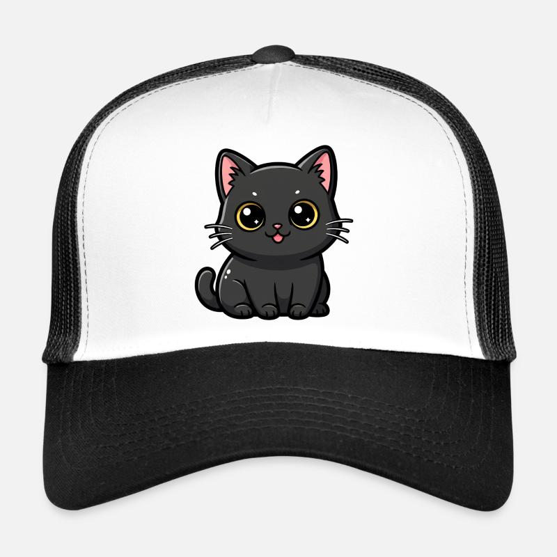 Kawaii Schwarzer Katzen-Anhänger - Trucker Cap - Weiß/Schwarz