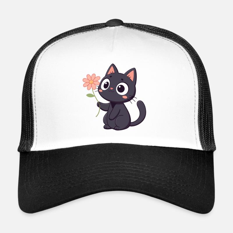 Chat noir kawaii avec fleur Casquette trucker 
