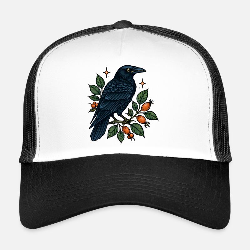 Midnight blue crow on the berry branch Trucker Cap