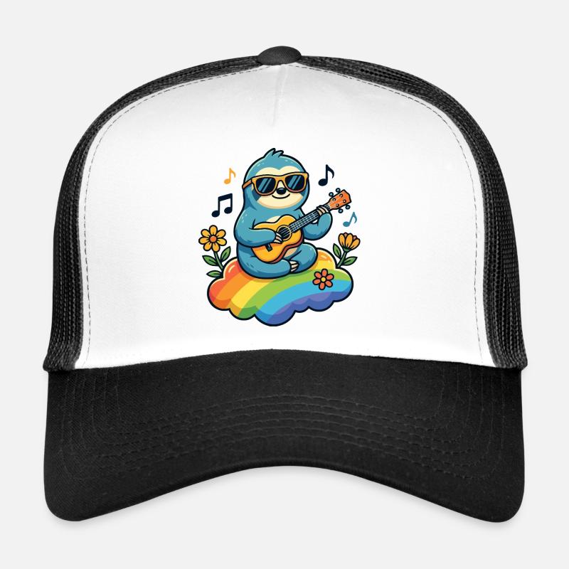 Faultier mit Gitarre auf Regenbogenwolke Hippie Trucker Cap