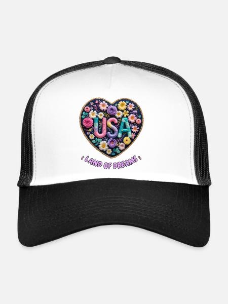 Cœur Brodé Fleuri - Style Vintage Romantique - Casquette trucker  - blanc/noir - Devant