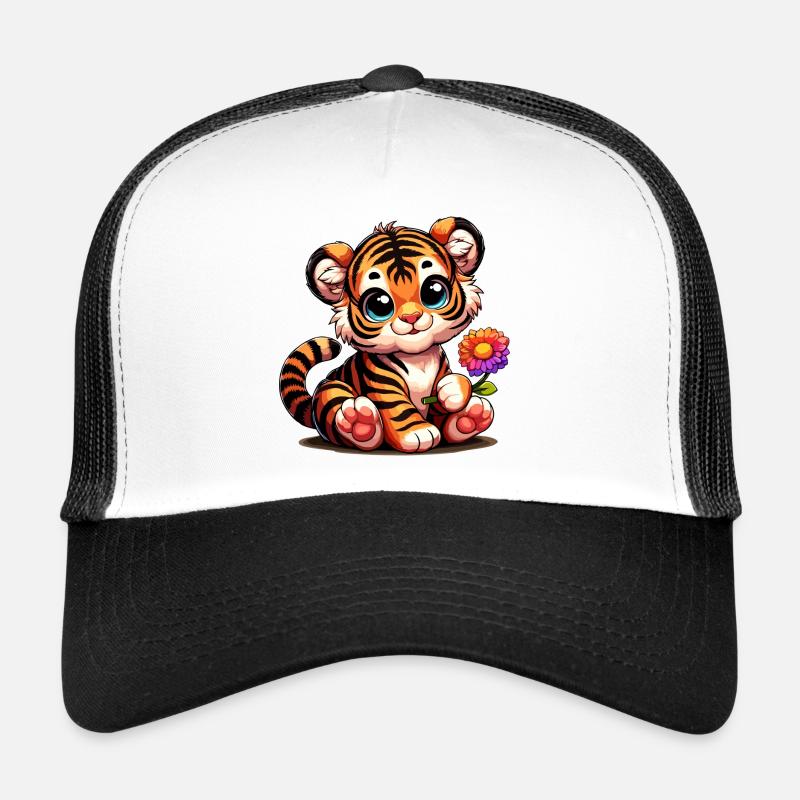 Süßes Tigerbaby mit Blume in der Hand Trucker Cap