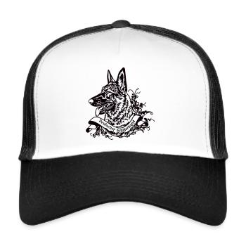 Grauer Schäferhund an Retro Banner Nr 4 - Trucker Cap - Weiß/Schwarz - Vorne