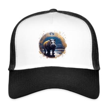 Hippopotamus,Gold,Painting,Night,Stars,Watercolor - Trucker Cap - white/black - Front