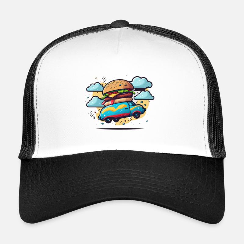 Burger Bus fliegt durch die Wolken - Trucker Cap - Weiß/Schwarz