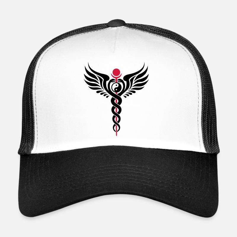 Caduceus, Yin Yang, Schlange, Flügel, Hermetik - Trucker Cap - Weiß/Schwarz