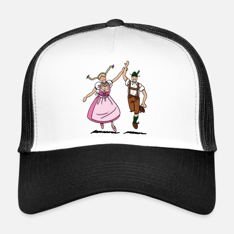 Paar in Dirndl und Lederhosen Trucker Cap