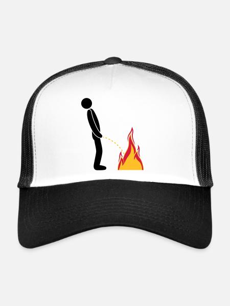 fire extinguish flames hot fire brigade logo in ste - Trucker Cap - white/black - Front