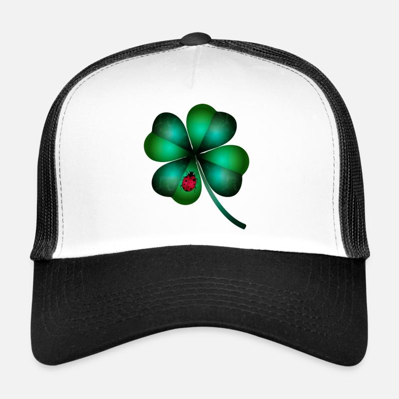 dunkelgrünes vierblättriges Kleeblatt Marienkäfer - Trucker Cap - Weiß/Schwarz