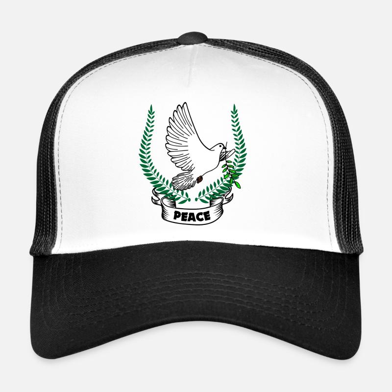 Friedenstaube im Lorbeerkranz mit Text FRIEDEN - Trucker Cap - Weiß/Schwarz