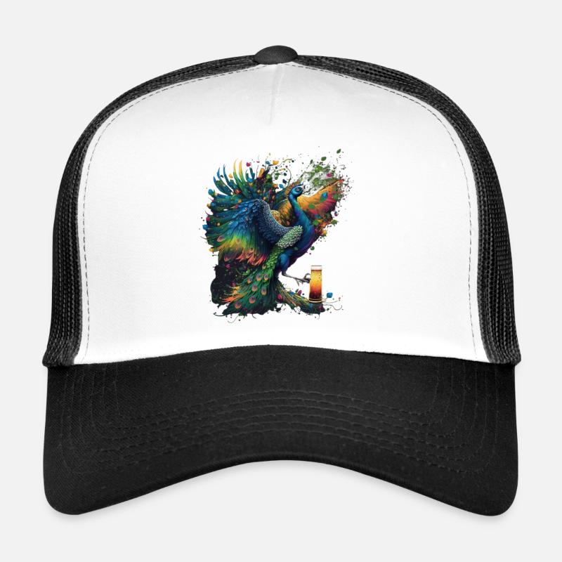 Colorful peacock drinks beer Trucker Cap