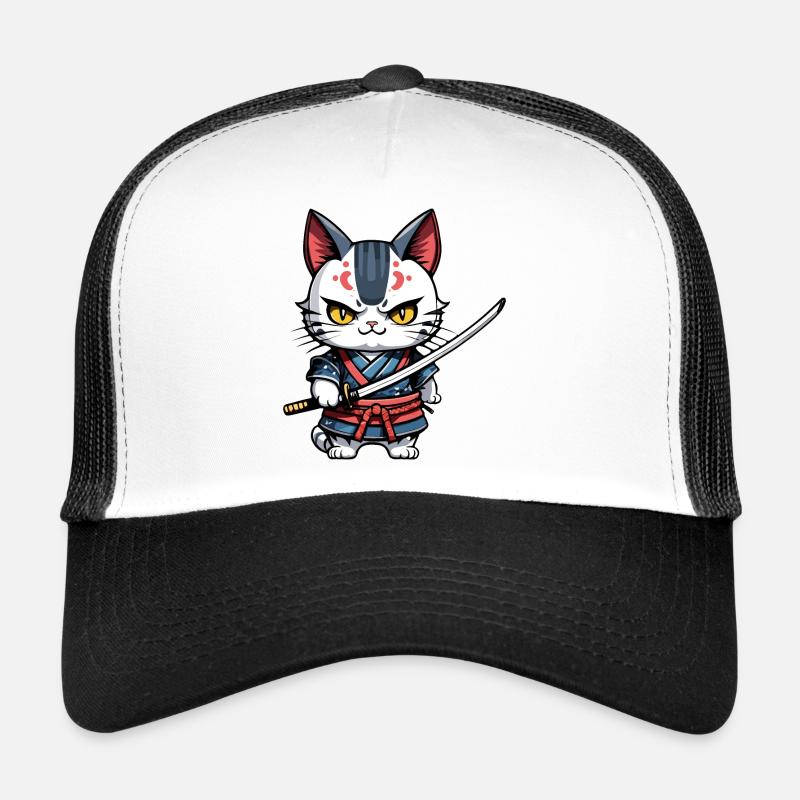 Chat samouraï #27 - Casquette trucker  - blanc/noir