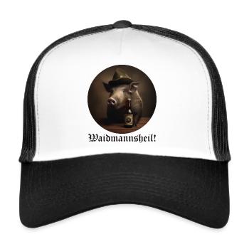 Wildschwein mit Hut - Waidmannsheil - Trucker Cap - Weiß/Schwarz - Vorne