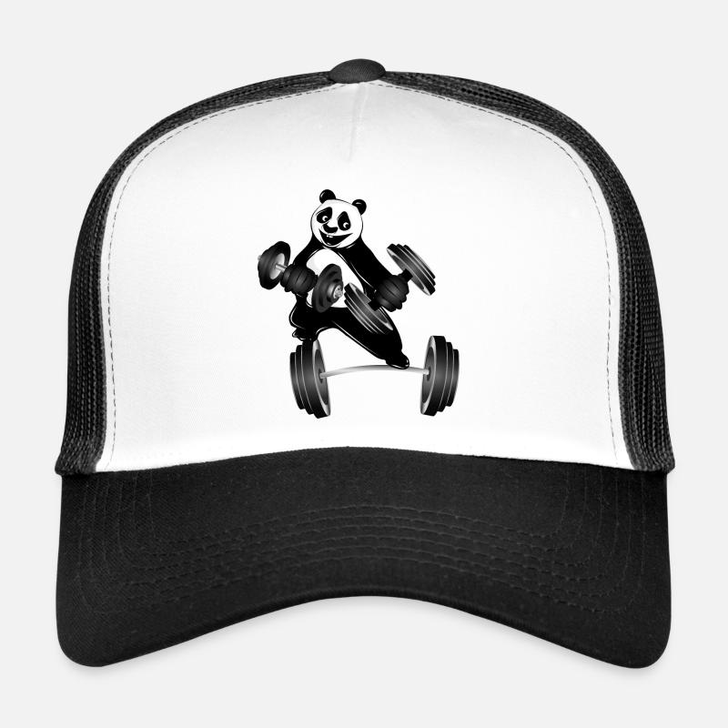 Bodybuilder Panda Bär mit Hanteln beim Training Trucker Cap
