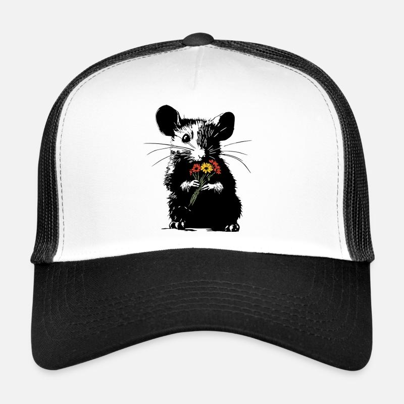 Maus mit bunten Blumenstrauß - Stencil Love - Trucker Cap - Weiß/Schwarz