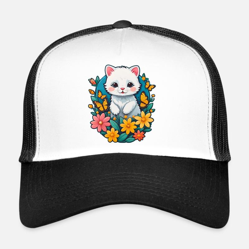 Chaton blanc à fleurs Casquette trucker 
