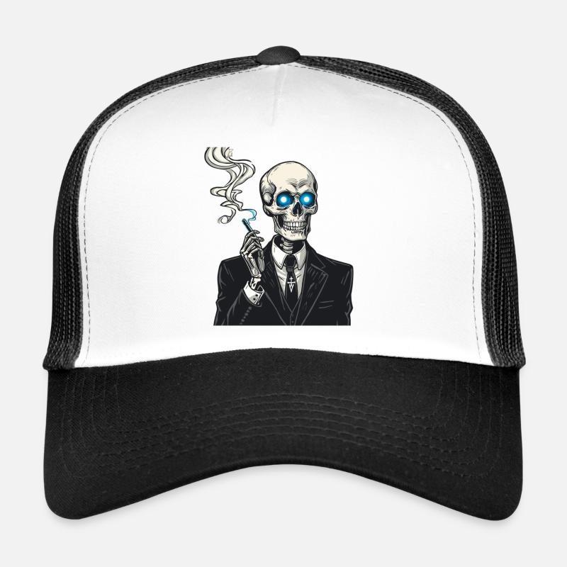Skelett im Anzug raucht Zigarre Trucker Cap