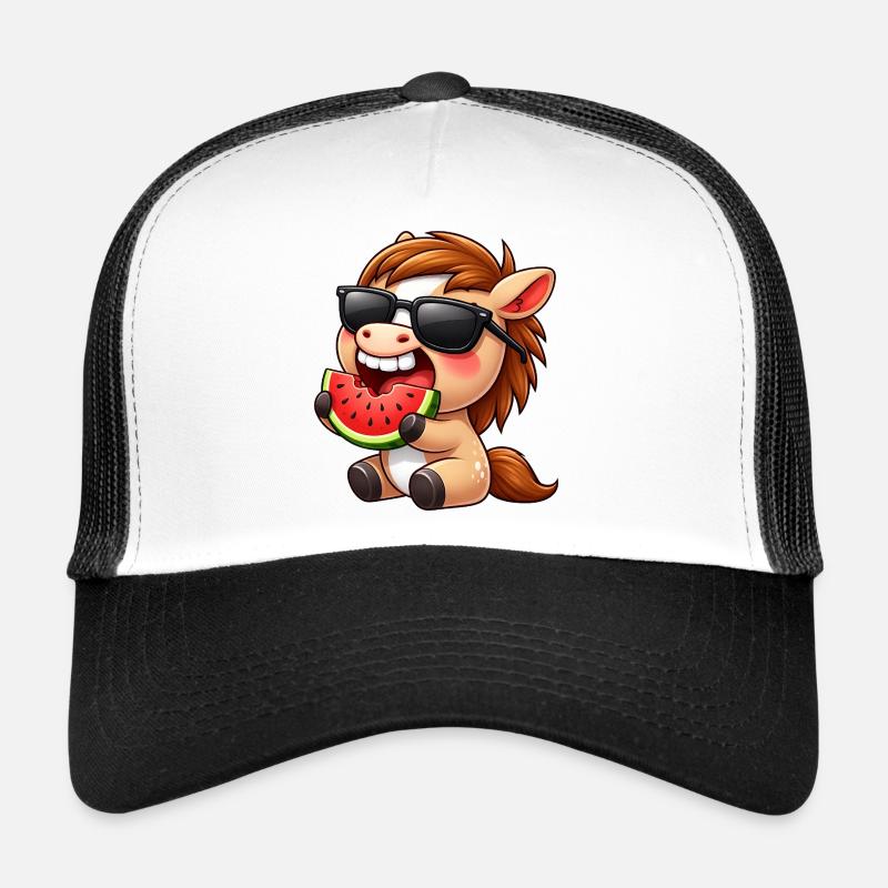 Cooles Pferd mit Melone Sommer Sonne Reiten - Trucker Cap - Weiß/Schwarz
