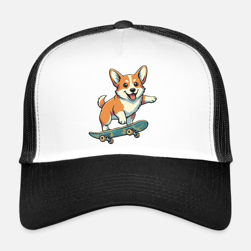 Corgi-farbenes Skateboard - Trucker Cap - Weiß/Schwarz