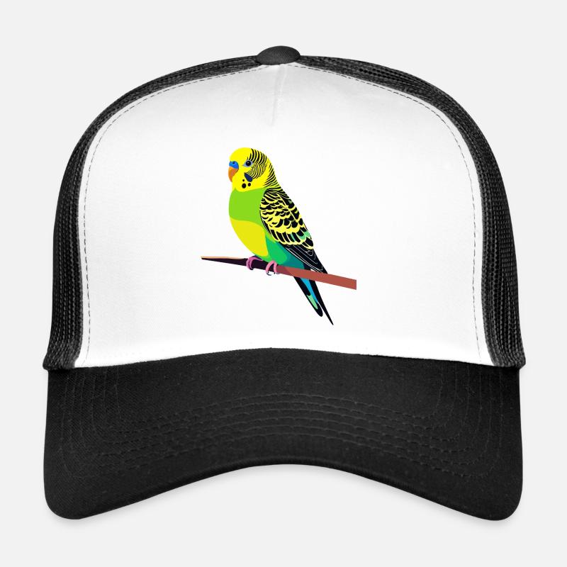 Motif coloré de perruche ondulée sur branche, jaune, vert, bleu Casquette trucker 