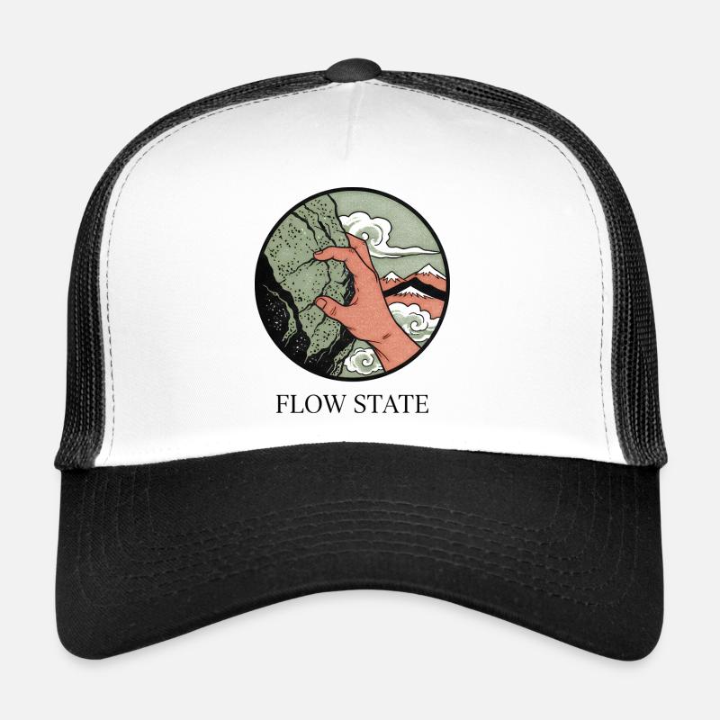 Flow State: Hand Gripping Mountain Trucker Cap
