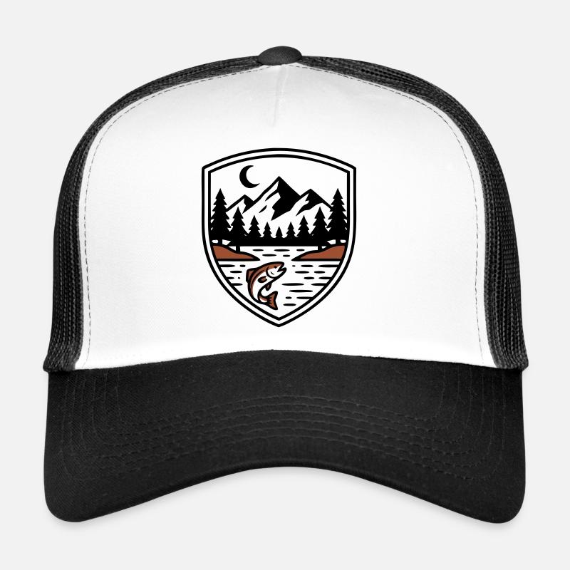 Mountains Forest Fish Shield Logo Trucker Cap