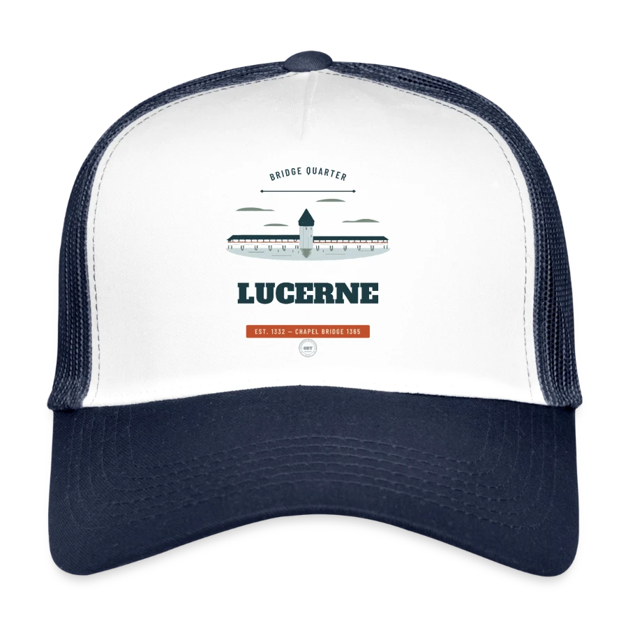 Lucerne badge on a trucker cap, white/navy