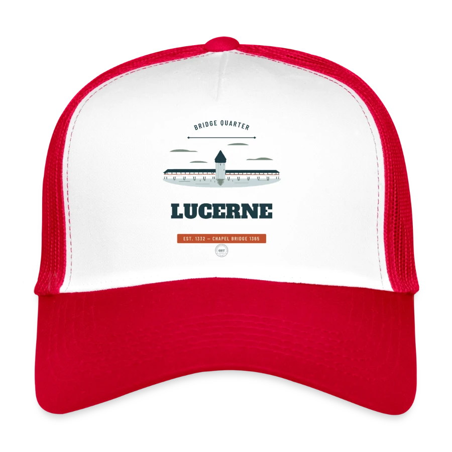 Lucerne badge on a trucker cap, white/red