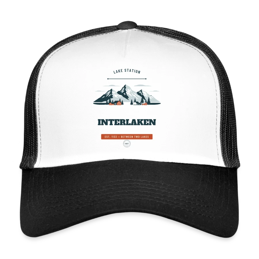 Interlaken badge on a trucker cap, white/black