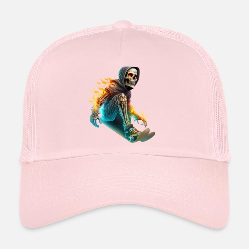 A burning skeleton riding a skateboard Trucker Cap