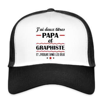 Deux titres papa graphiste, cadeau fête des pères - Casquette trucker  - blanc/noir - Devant