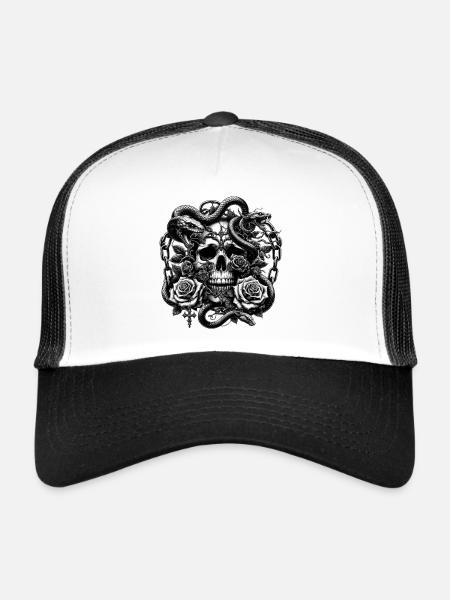 Gothic Skull and Roses Art Graphic - Trucker Cap - white/black - Front