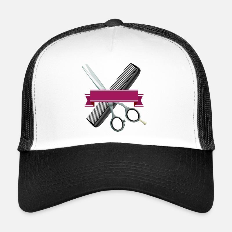 Friseurschere mit Kamm und lila Band - Trucker Cap - Weiß/Schwarz