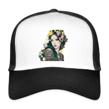 floral wreath,anime, green eyes, woman, mystical - Trucker Cap - white/black - Front