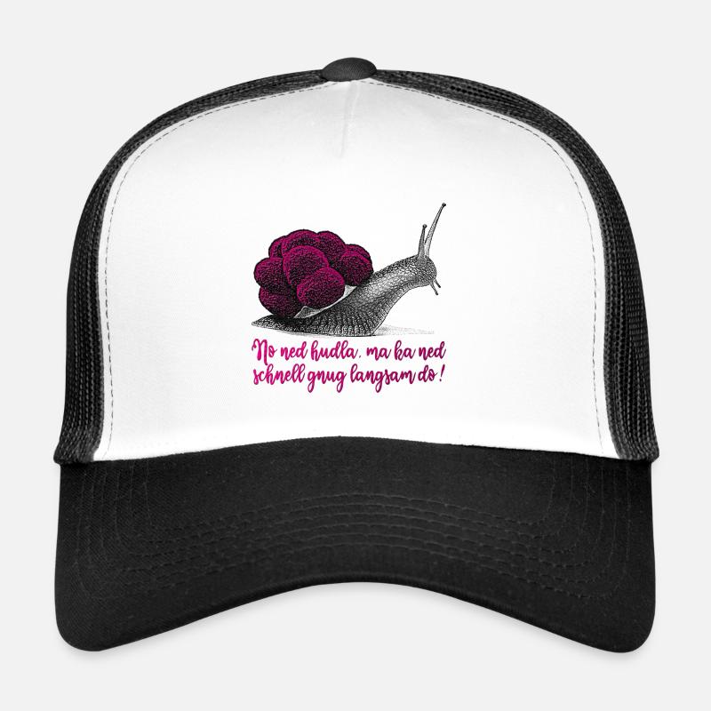 Schnecke mit Bollenhut und Schwäbischem Spruch - Trucker Cap - Weiß/Schwarz