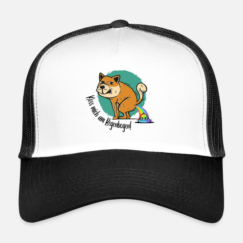 Lustiger Hund mit Spruch: küss mich am Regenbogen Trucker Cap
