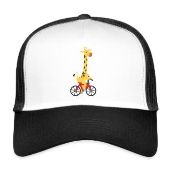 Kindermotiv: Giraffe fährt auf einem Fahrrad - Trucker Cap - Weiß/Schwarz - Vorne