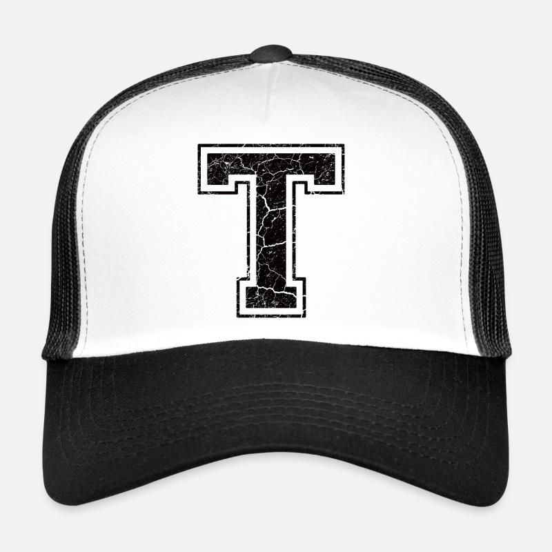Buchstabe T in Vintage-Shabby-Chic - Trucker Cap - Weiß/Schwarz