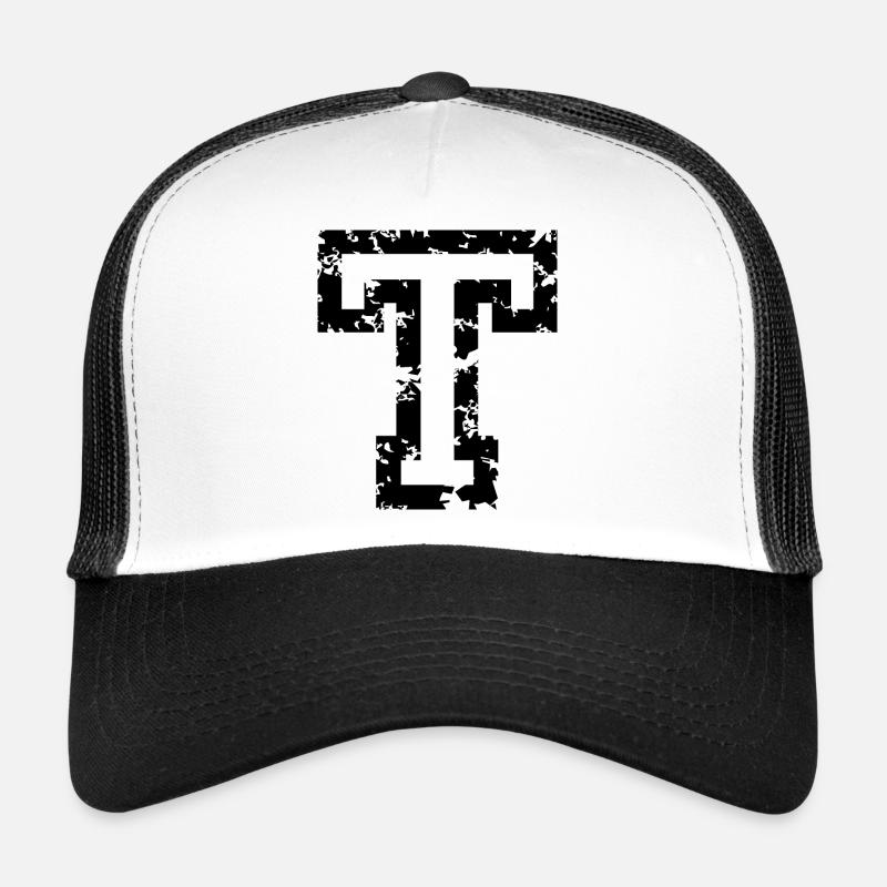 Letter T (Distressed) two-color Black/White Trucker Cap