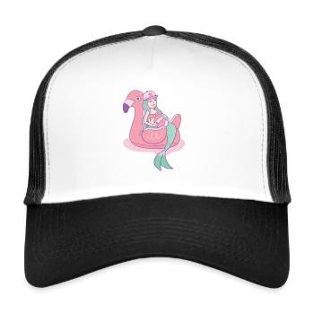 Mermaid Girl on Flamingo Pool Float - Trucker Cap - white/black - Front