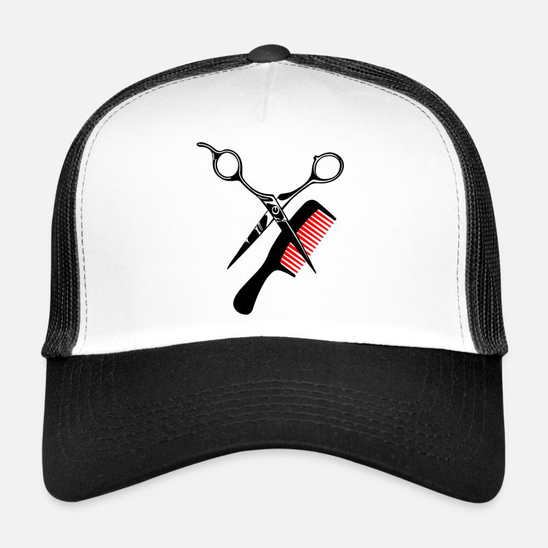 Ciseaux et logo de peigne pour salon de coiffure. Casquette trucker 